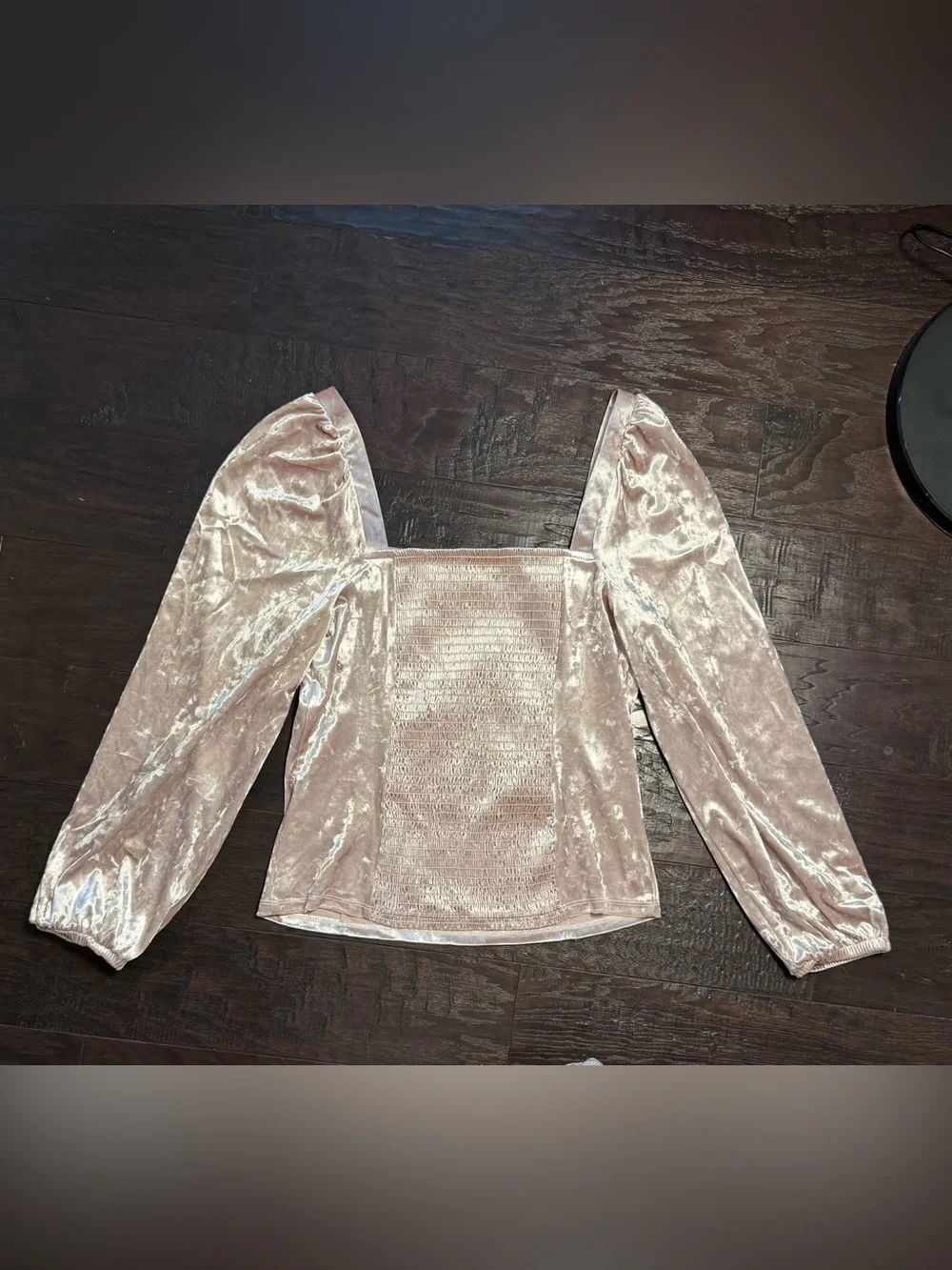 Anthropologie Jessima Neutral Blush Velvet Square Neck Puff Sleeve Top L